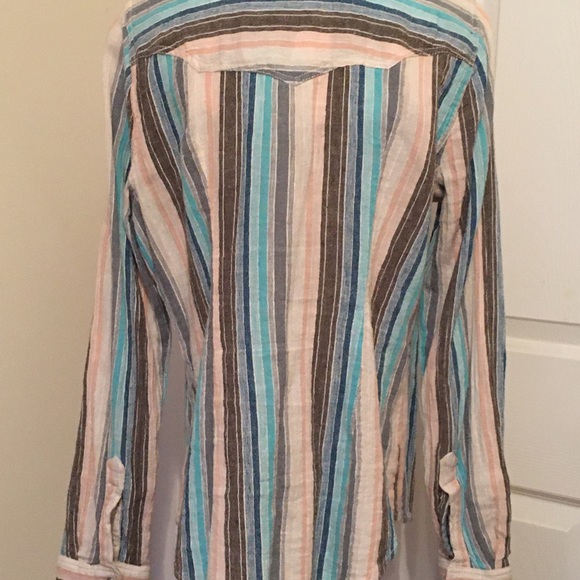 Free People Vintage Striped multi turquoise pink grey and white snap blouse M - Picture 3 of 4